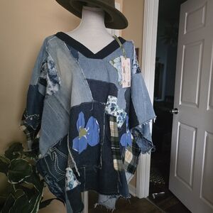 BO-HO Upcycled Denim Patchwork Poncho. One Size.  Signed Tag.